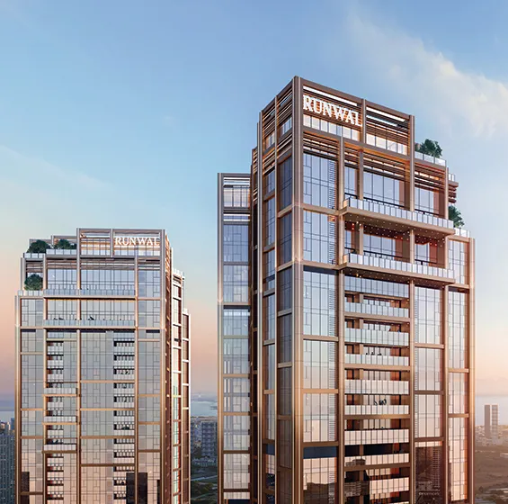 Runwal Raaya twin luxury towers at dusk in Worli, Mumbai